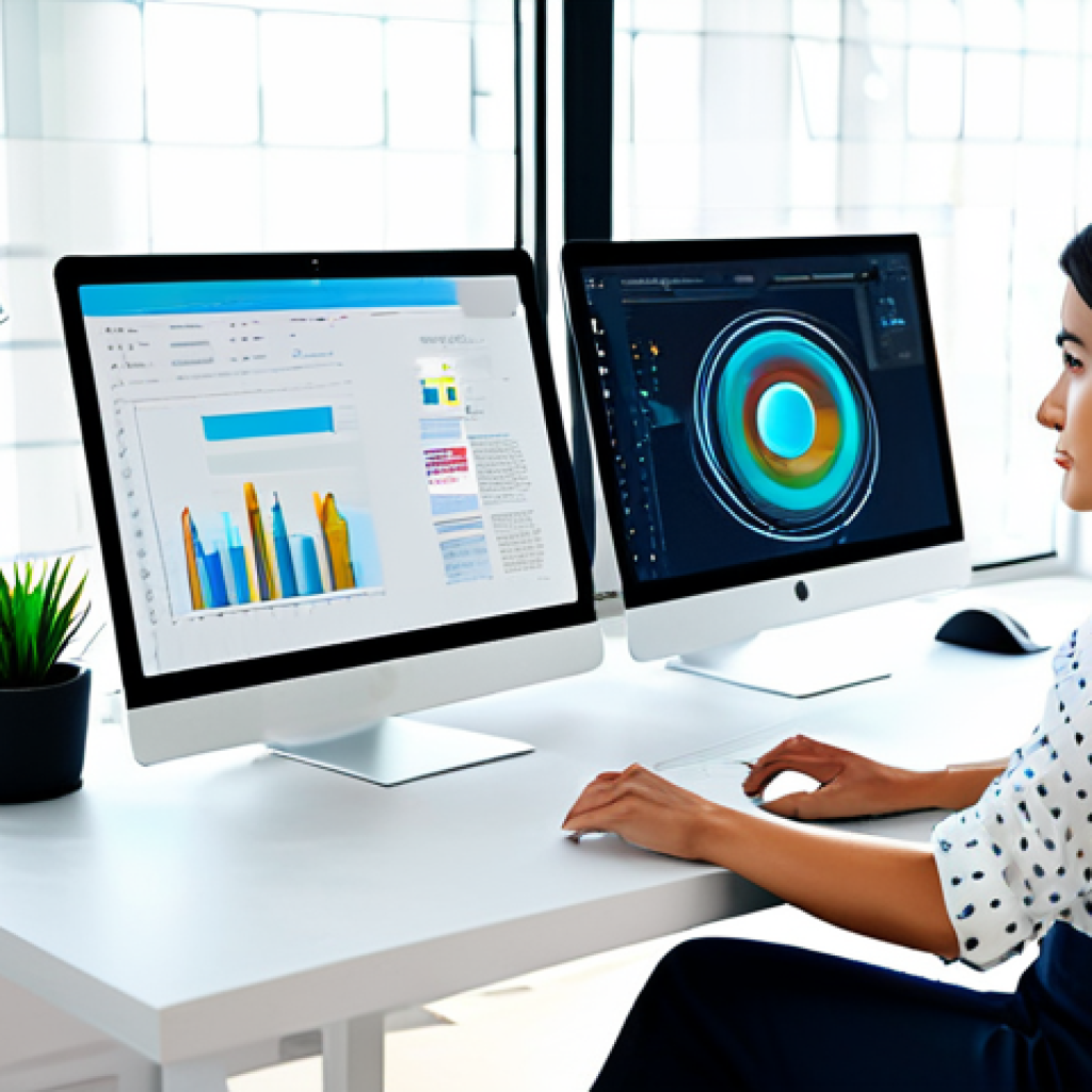 A professional blogger, fully clothed in a modest, modern business casual outfit, is sitting at a sleek, minimalist desk in a brightly lit home office. On the large monitor in front of them, abstract, AI-generated digital art and text concepts are displayed, illustrating creative inspiration. The person has a natural pose, looking thoughtfully at the screen, a stylus or tablet perhaps nearby. The background is softly blurred, indicating a clean, organized workspace. This scene embodies the synergy of human creativity and AI assistance. Safe for work, appropriate content, fully clothed, professional, perfect anatomy, correct proportions, well-formed hands, proper finger count, natural body proportions, high-quality digital illustration, vibrant colors.