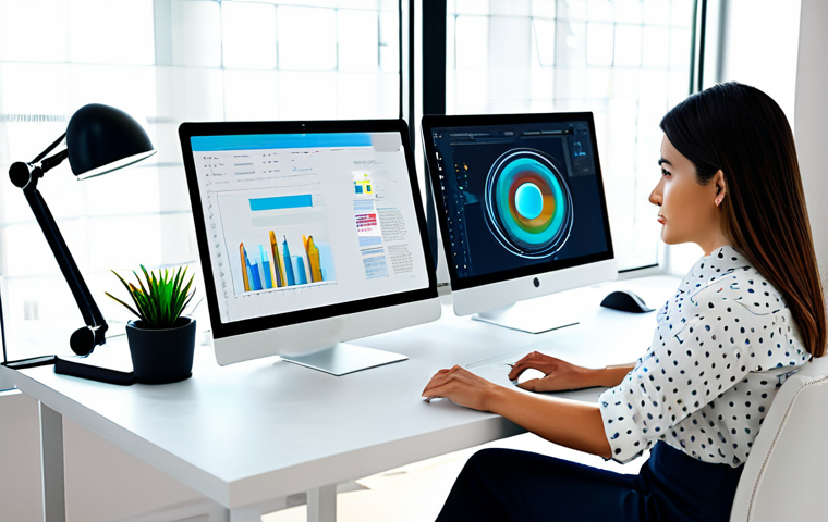A professional blogger, fully clothed in a modest, modern business casual outfit, is sitting at a sleek, minimalist desk in a brightly lit home office. On the large monitor in front of them, abstract, AI-generated digital art and text concepts are displayed, illustrating creative inspiration. The person has a natural pose, looking thoughtfully at the screen, a stylus or tablet perhaps nearby. The background is softly blurred, indicating a clean, organized workspace. This scene embodies the synergy of human creativity and AI assistance. Safe for work, appropriate content, fully clothed, professional, perfect anatomy, correct proportions, well-formed hands, proper finger count, natural body proportions, high-quality digital illustration, vibrant colors.