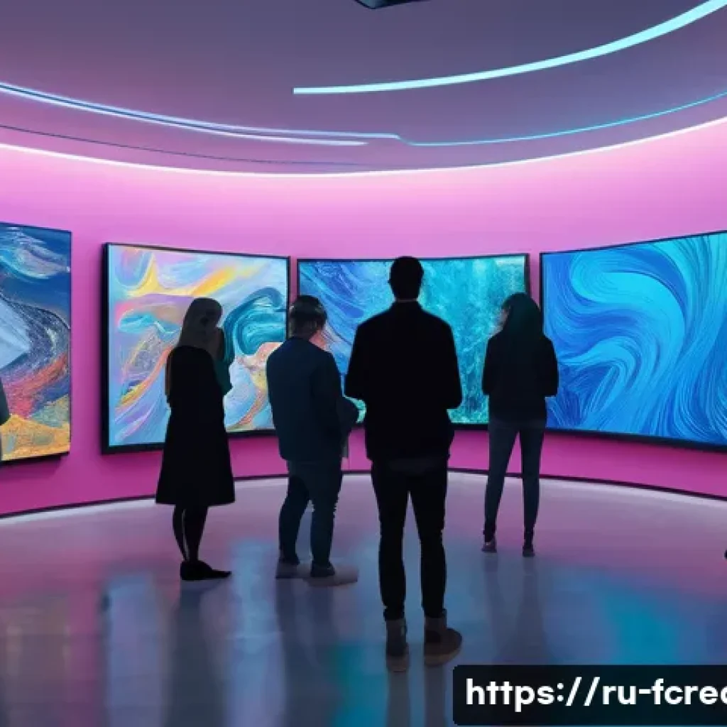 AI 창작과 감정의 표현 - A futuristic art gallery scene showcasing a collaboration between human artists and AI technology: a...