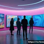AI 창작과 감정의 표현 - A futuristic art gallery scene showcasing a collaboration between human artists and AI technology: a...
