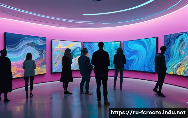 AI 창작과 감정의 표현 - A futuristic art gallery scene showcasing a collaboration between human artists and AI technology: a...