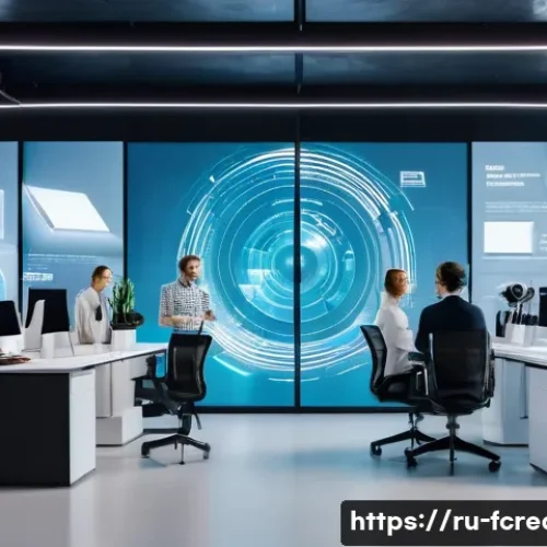 AI 창작의 기술적 발전 - A futuristic creative workspace showcasing a diverse team of Russian artists and technologists colla...