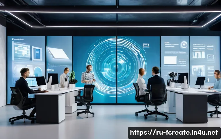 AI 창작의 기술적 발전 - A futuristic creative workspace showcasing a diverse team of Russian artists and technologists colla...
