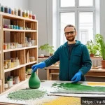 지속 가능한 창작을 위한 기술 혁신 - A modern art studio in Moscow filled with eco-friendly materials: an artist working on a large-scale...