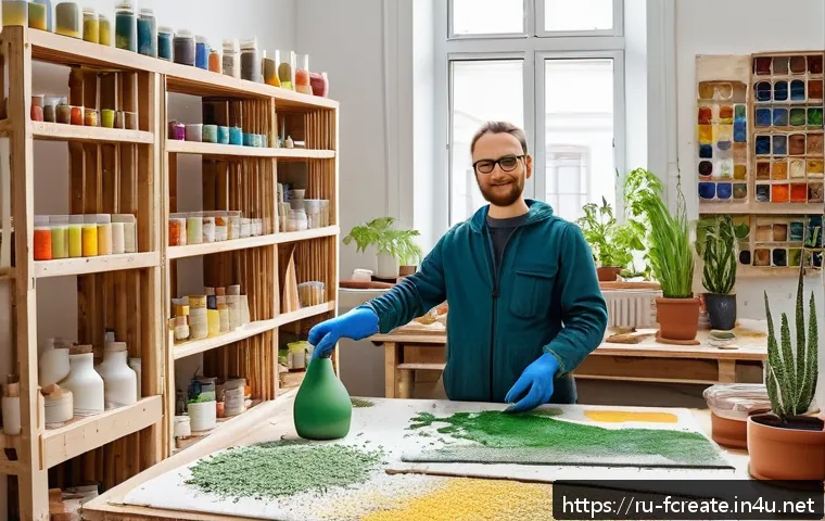 지속 가능한 창작을 위한 기술 혁신 - A modern art studio in Moscow filled with eco-friendly materials: an artist working on a large-scale...