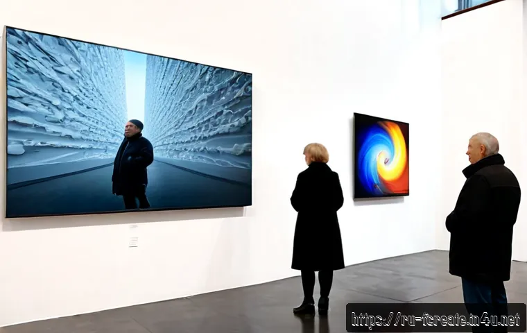 AI 창작물의 사회적 인식 - Photorealistic editorial scene in a contemporary Moscow art gallery, a diverse group of Russian adul...